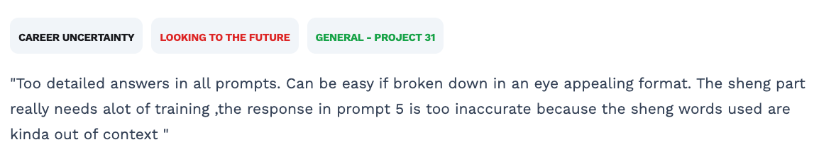 Participant feedback on response length and use of Sheng.