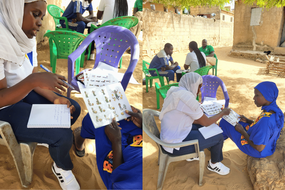 A YUX researcher and myAgro team member conducting a user test in Thiès, Senegal.