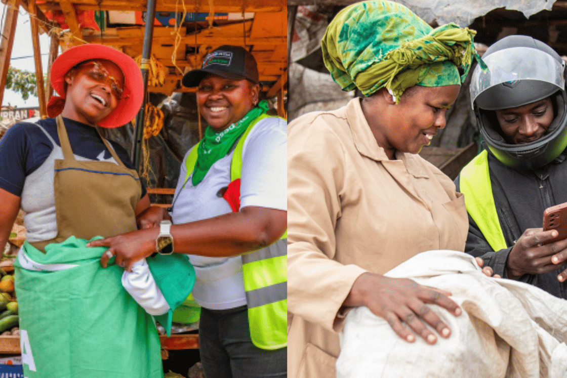 Safaricom staff with a woman micro-entrepreneurs in Kenya, as featured in the GSMA report Pochi la Biashara and Women Micro-Entrepreneurs in Kenya: From Insight to Action.